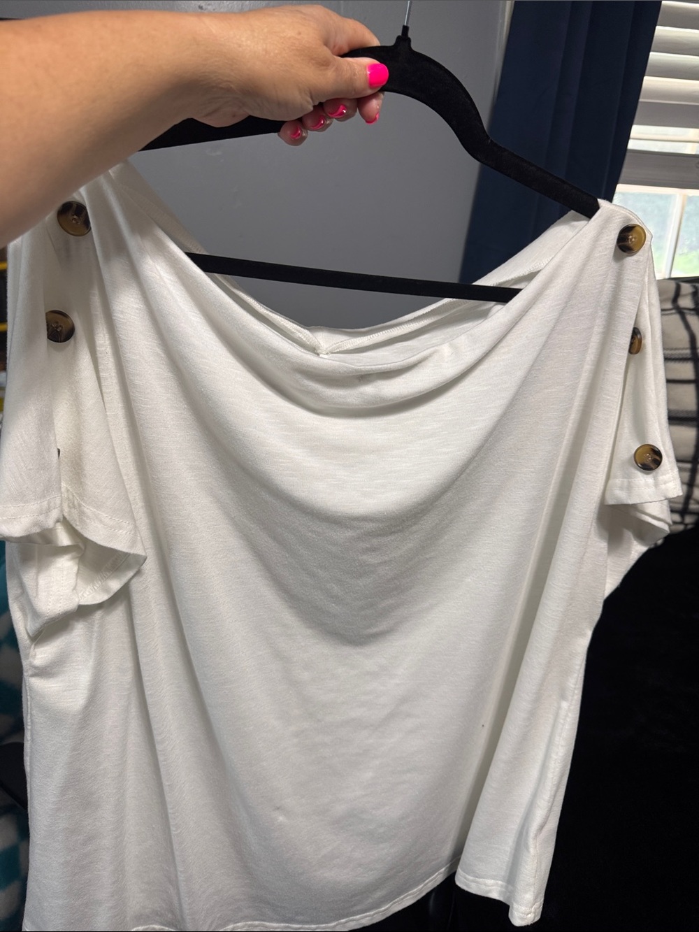 SHEIN White Off-Shoulder Draped Top with Button Detail